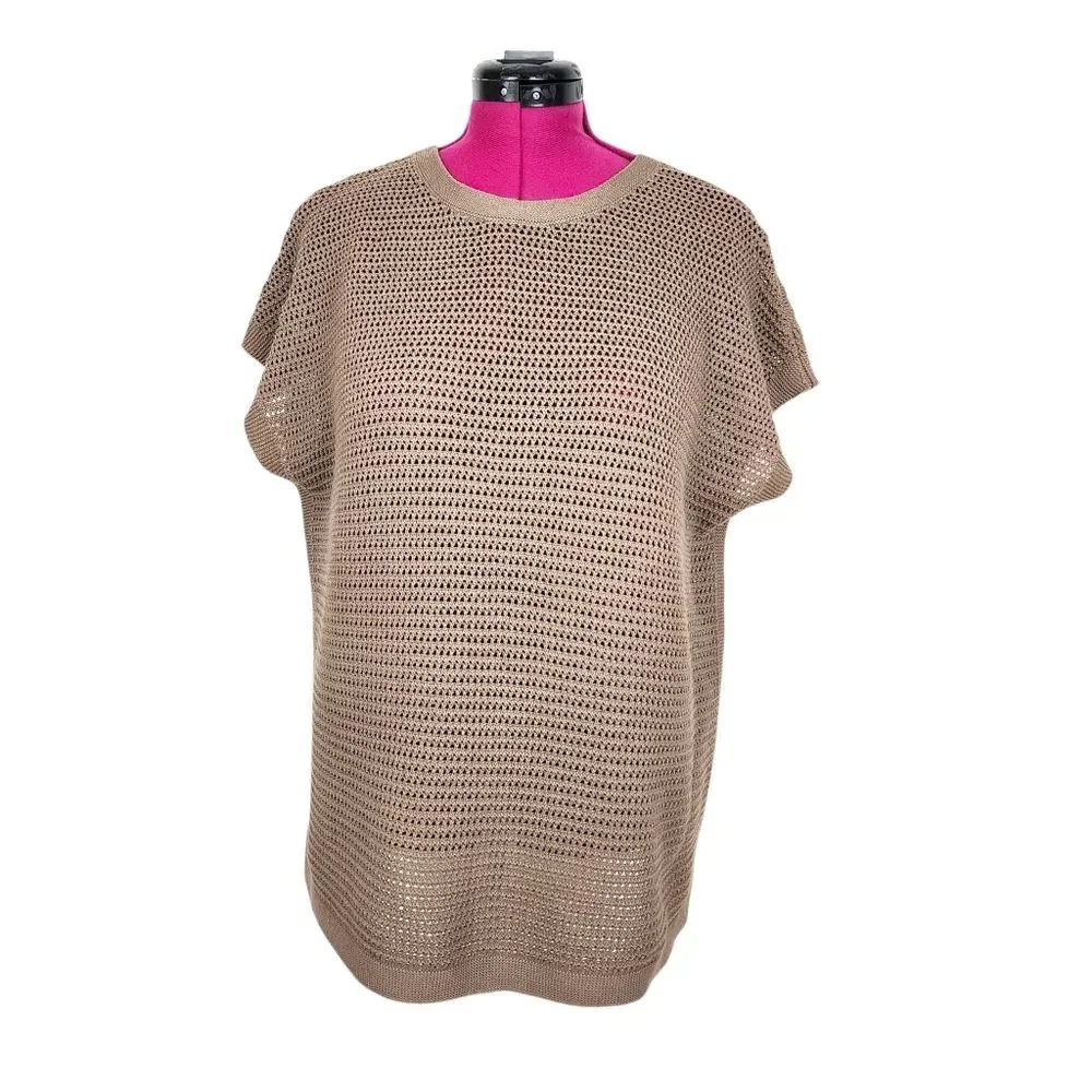 J.Jill Open-Knit Short Sleeve Cotton Blend Top Sweater Taupe Size M - Picture 3 of 12